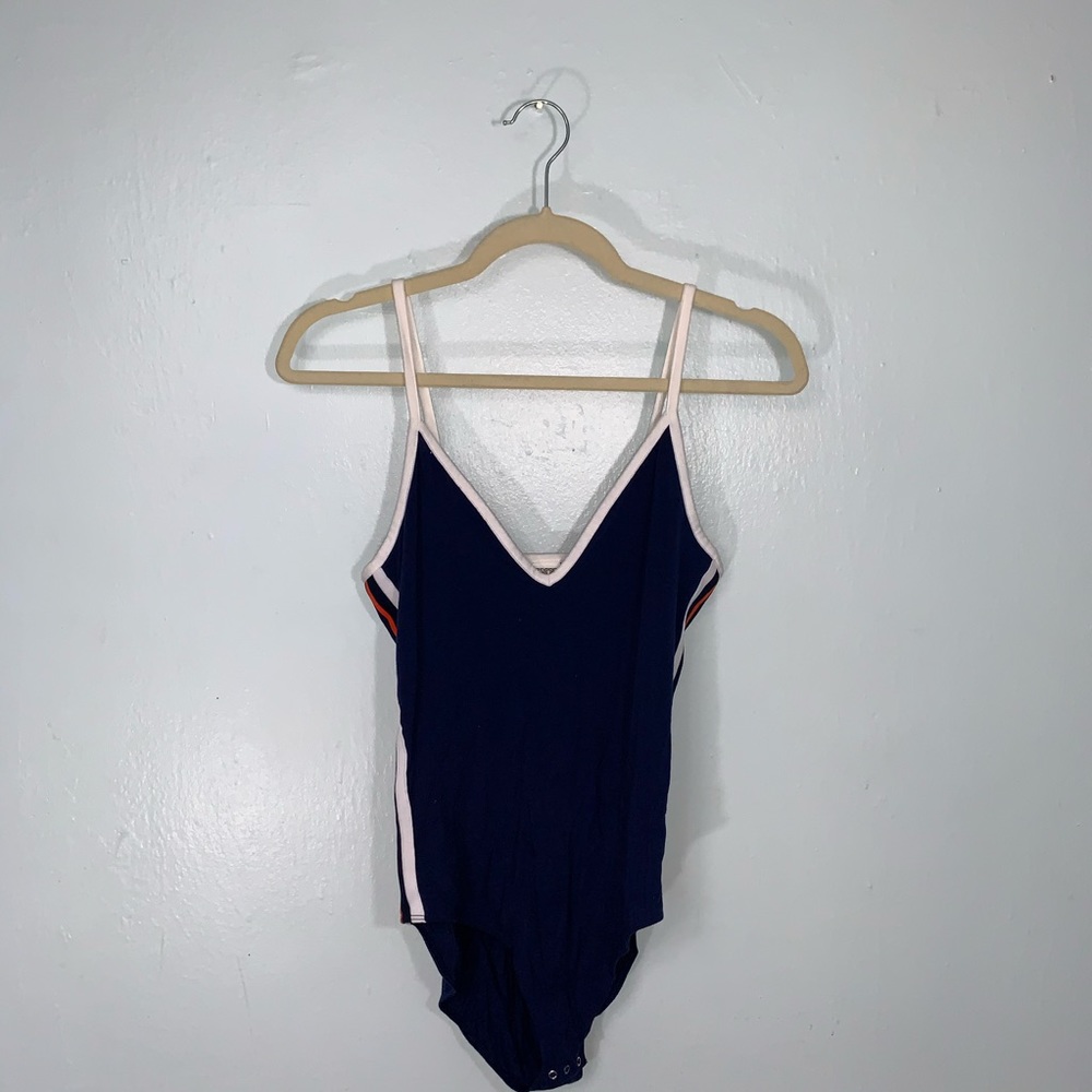 PINK: Navy Blue Striped Bodysuit